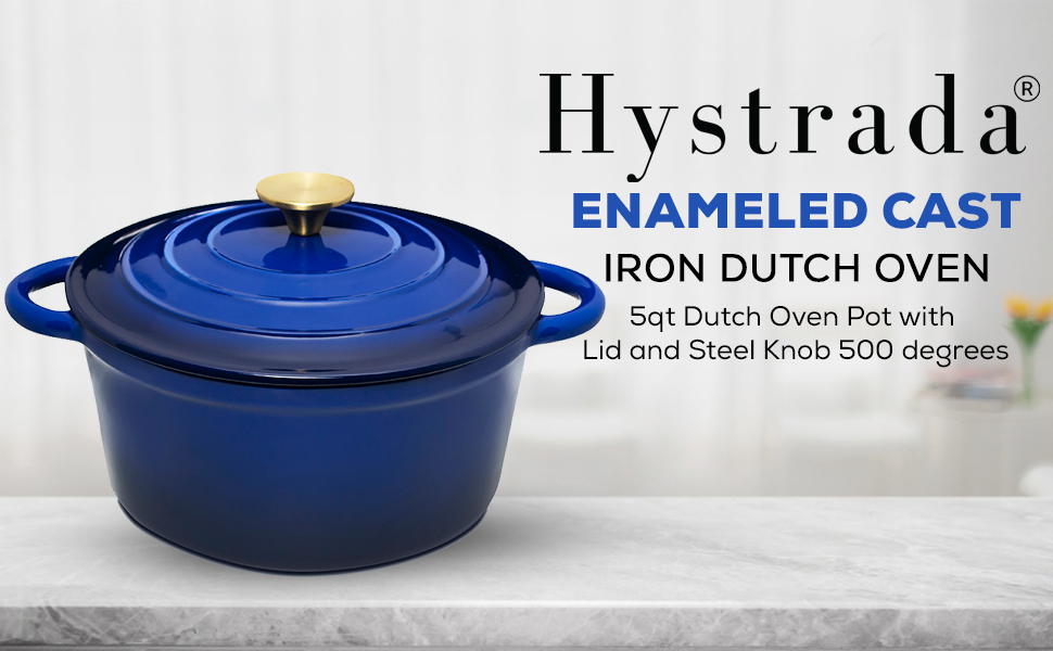 Enameled Cast Iron Dutch Oven – 5qt Dutch Oven Pot with Lid and Steel Knob  – Cast Iron Cookware with Loop Handles for Gas, Electric & Ceramic Stoves –  Blue Enamel Dutch